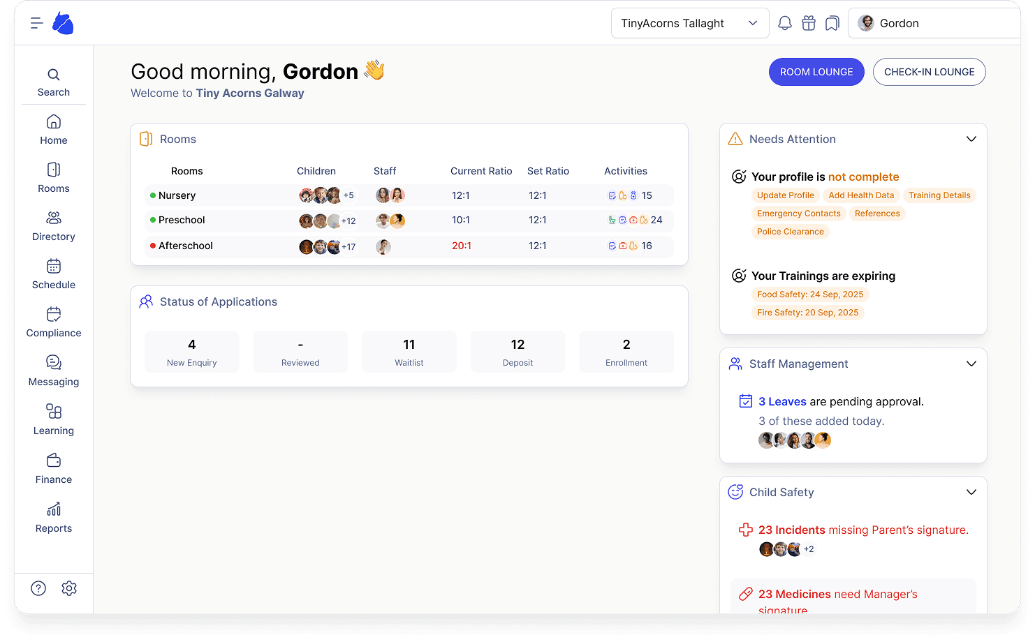 The AcornCloud staff portal home screen: room ratios for Nursery, Preschool and Afterschool, application pipeline, and a panel flagging incomplete profiles and expiring training.